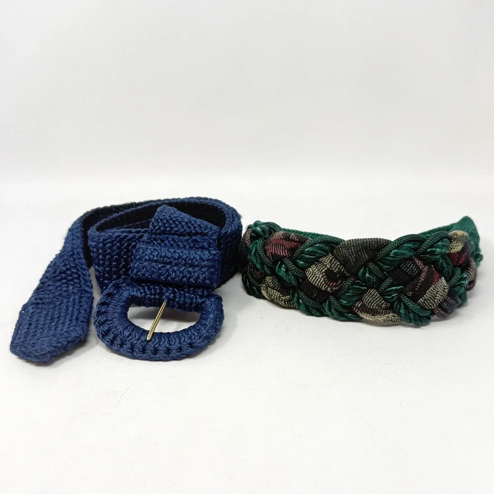 Womens Vintage Woven Belt Set 2 Navy‎ Blue Crochet & Green Braided Tapestry M/L